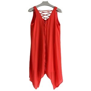 My Michele Sheer Midi Dress Handkerchief Hem Bright Orange Sleeveless Size L